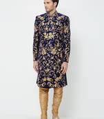 Navy Blue Embroidered Velvet Sherwani
