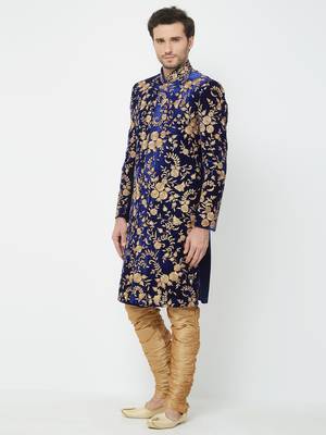 Navy Blue Embroidered Velvet Sherwani 2