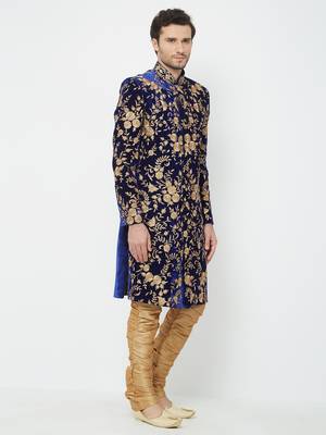 Navy Blue Embroidered Velvet Sherwani 3