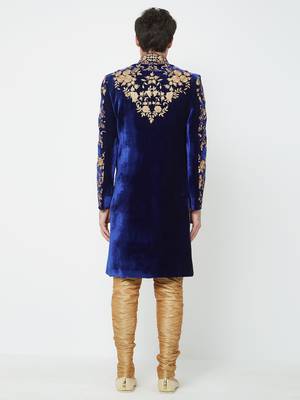 Navy Blue Embroidered Velvet Sherwani 4
