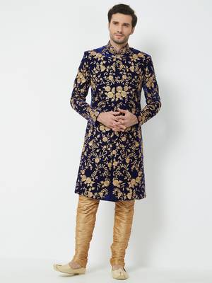 Navy Blue Embroidered Velvet Sherwani 5