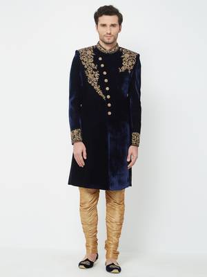 Navy Blue Embroidered Velvet Sherwani 1