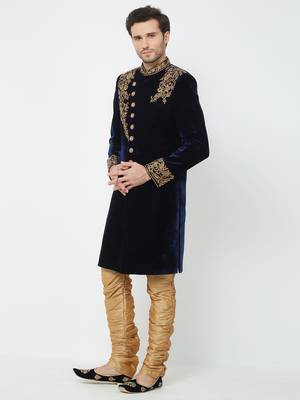 Navy Blue Embroidered Velvet Sherwani 2