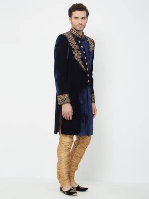 Navy Blue Embroidered Velvet Sherwani 3