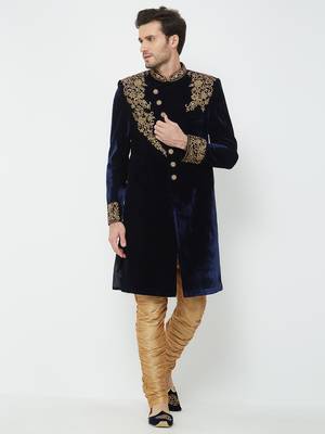 Navy Blue Embroidered Velvet Sherwani 5