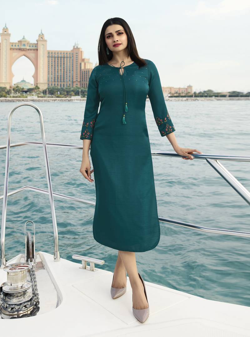 Dark Sea Green Embroidered Silk Silk Kurtis