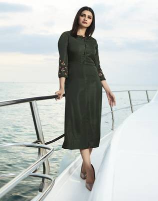 Dark Olive Embroidered Silk Silk Kurtis 1