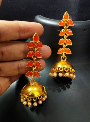 Charming Jewelry Designer Peech Kundan Leaf Jhumki Earrings Set 1