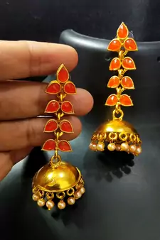 Charming Jewelry Designer Peech Kundan Leaf Jhumki Earrings Set