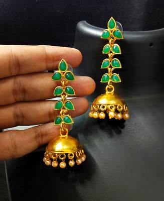 Charming Jewelry Designer Emerald Green Kundan Leaf Jhumki Earrings Set 1