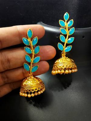 Indian Bollywood Designer Pastel Blue Kundan Leaf Jhumki Earrings Set 1