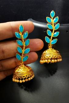 Indian Bollywood Designer Pastel Blue Kundan Leaf Jhumki Earrings Set