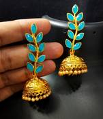 Indian Bollywood Designer Pastel Blue Kundan Leaf Jhumki Earrings Set