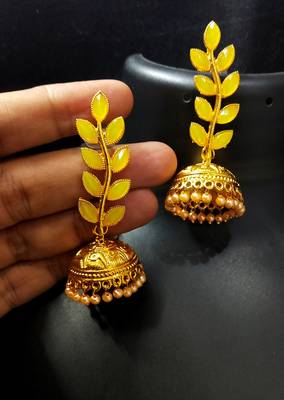Indian Bollywood Designer Yellow Kundan Leaf Jhumki Earrings Set 1