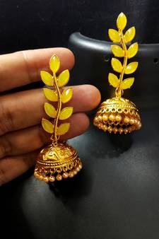 Indian Bollywood Designer Yellow Kundan Leaf Jhumki Earrings Set