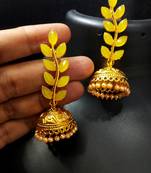 Indian Bollywood Designer Yellow Kundan Leaf Jhumki Earrings Set