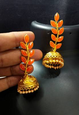 Indian Bollywood Designer Peech Kundan Leaf Jhumki Earrings Set 1