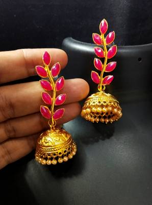 Indian Bollywood Designer Ruby Pink Kundan Leaf Jhumki Earrings Set 1