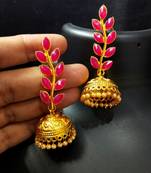 Indian Bollywood Designer Ruby Pink Kundan Leaf Jhumki Earrings Set