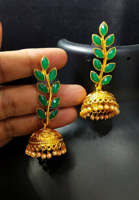 Indian Bollywood Designer Emerald Green Kundan Leaf Jhumki Earrings Set 1