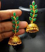 Indian Bollywood Designer Emerald Green Kundan Leaf Jhumki Earrings Set