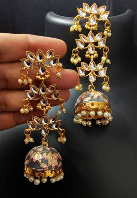 Grey Pink Long Kundan Meenakari Jhumki Hanging Earrings 1