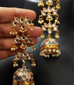 Grey Pink Long Kundan Meenakari Jhumki Hanging Earrings