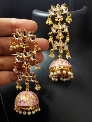 Magenta Pink Long Kundan Meenakari Jhumki Hanging Earrings 1