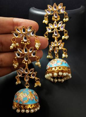 Blue Pink Long Kundan Meenakari Jhumki Hanging Earrings 1