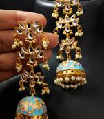Blue Pink Long Kundan Meenakari Jhumki Hanging Earrings