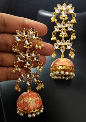 Peech Pink Long Kundan Meenakari Jhumki Hanging Earrings 1
