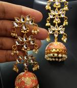 Peech Pink Long Kundan Meenakari Jhumki Hanging Earrings