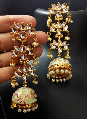 Mint Green Pink Long Kundan Meenakari Jhumki Hanging Earrings 1