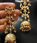 Mint Green Pink Long Kundan Meenakari Jhumki Hanging Earrings