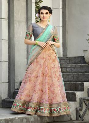 Baby-pink digital print organza semi stitched lehenga 1
