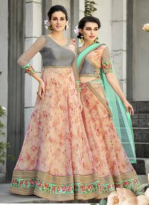 Baby-pink digital print organza semi stitched lehenga 2