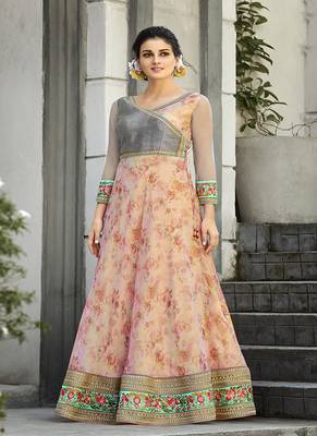 Baby-pink digital print organza semi stitched lehenga 3