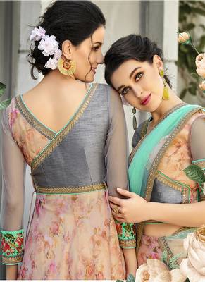 Baby-pink digital print organza semi stitched lehenga 4