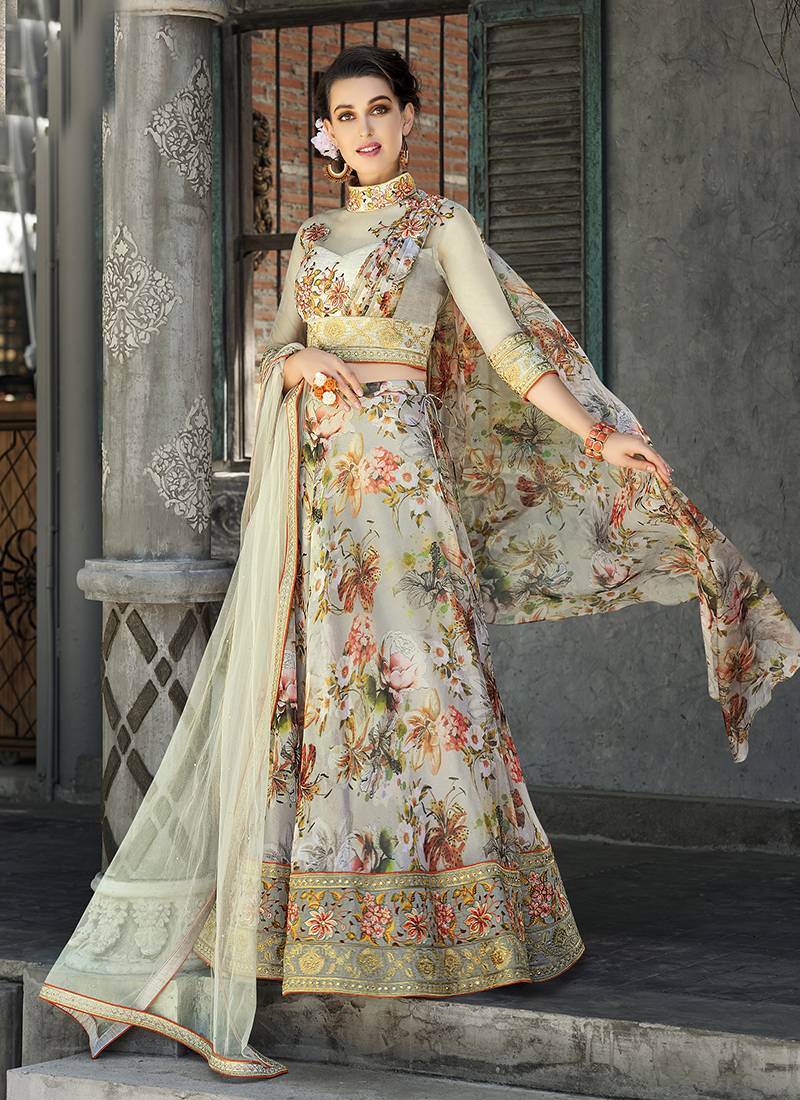 Silver digital print organza semi stitched lehenga