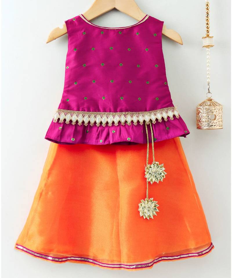 Pink Orange Gota Patti Embellished Sleeveless Choli With Lehenga