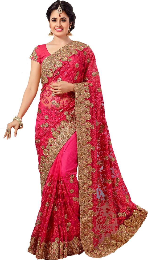 Pink  embroidered net saree with blouse
