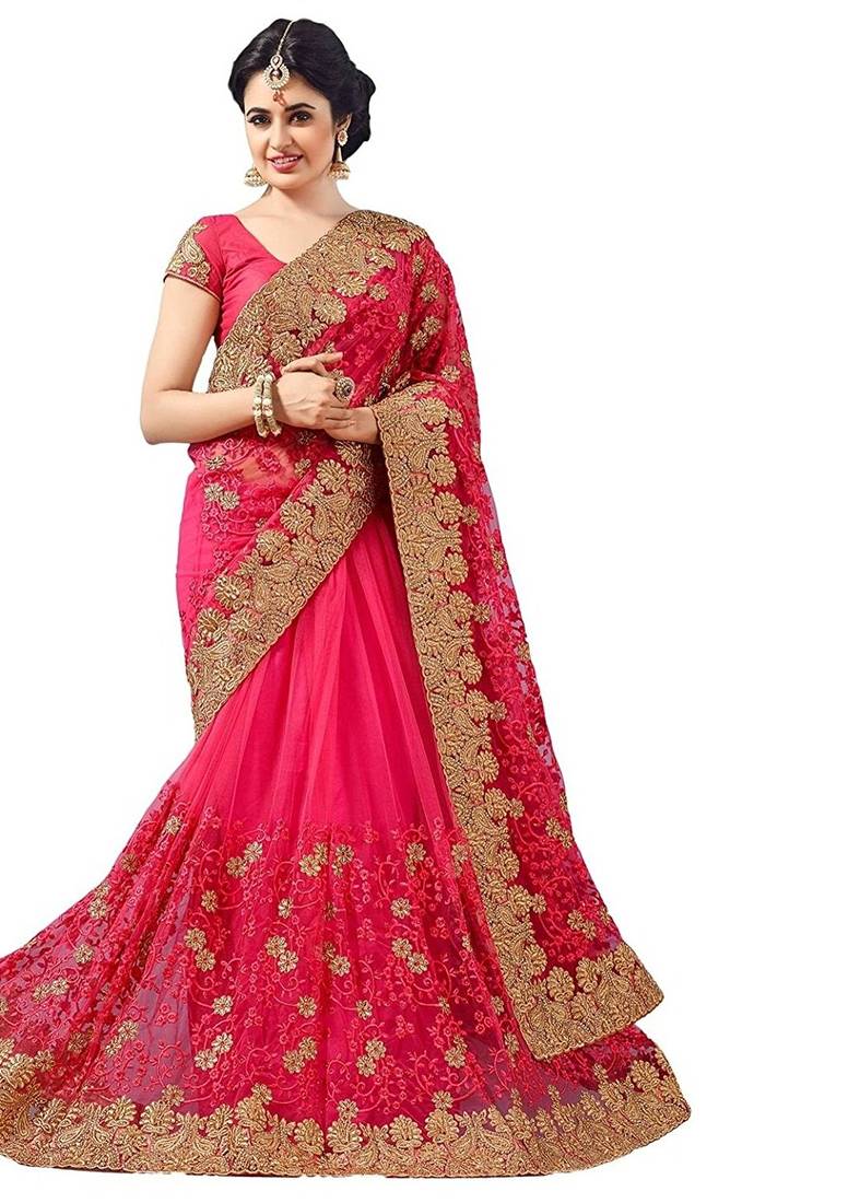 Pink  embroidered net saree with blouse