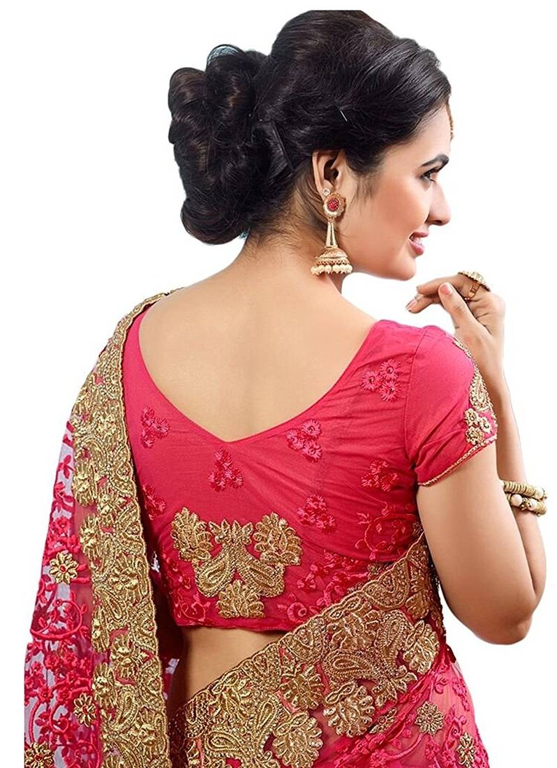 Pink  embroidered net saree with blouse