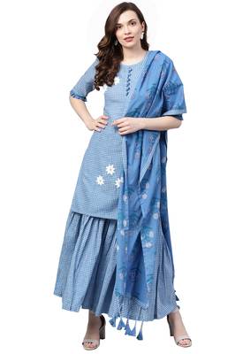 Women's Cotton Blue Embroidered A-Line Kurta Sharara Dupatta Set 1