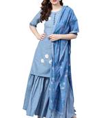 Women's Cotton Blue Embroidered A-Line Kurta Sharara Dupatta Set