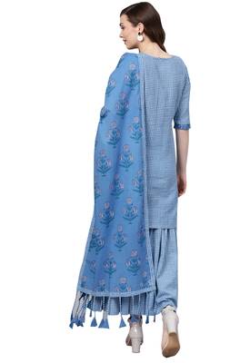 Women's Cotton Blue Embroidered A-Line Kurta Sharara Dupatta Set 2