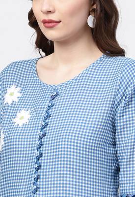Women's Cotton Blue Embroidered A-Line Kurta Sharara Dupatta Set 3
