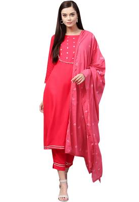 Women's Cotton Pink Embroidered A-Line Kurta Palazzo Dupatta Set 1