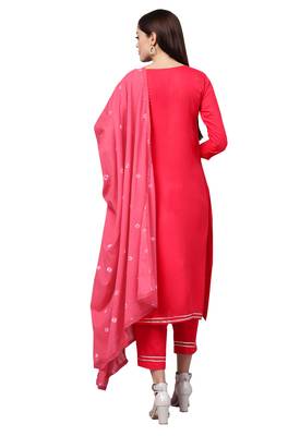 Women's Cotton Pink Embroidered A-Line Kurta Palazzo Dupatta Set 2