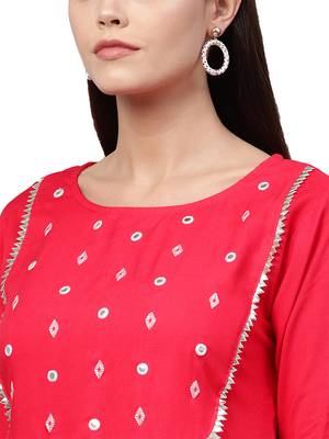 Women's Cotton Pink Embroidered A-Line Kurta Palazzo Dupatta Set 3